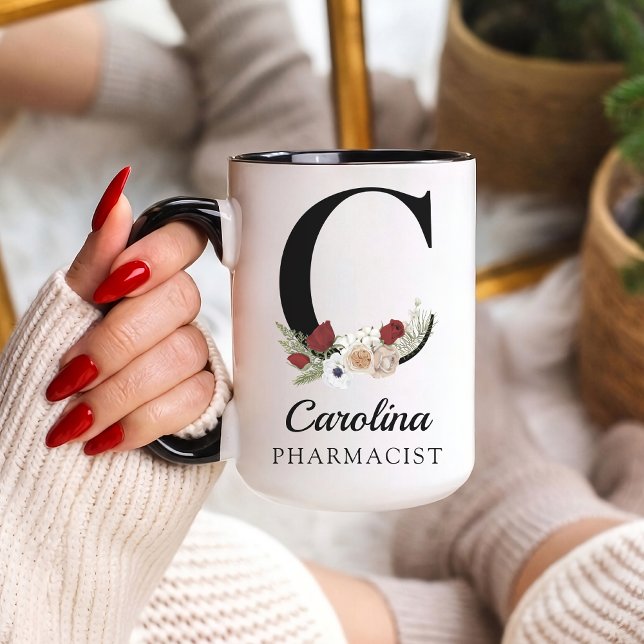 Taza Custom Floral Monogram Mug Gift for RN Pharmacist  (Personalized Floral Alphabet Mug Gift for Mom, Teacher, Nurse, Doctor, Coworker, Boss or Bridesmaid)