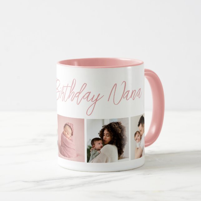 Taza Custom Happy Birthday Nana 5 Photo Collage Pink (Anverso derecho)