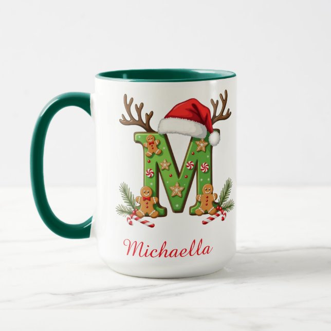 Taza Custom Monogram initial M Santa merry Christmas  (Izquierda)
