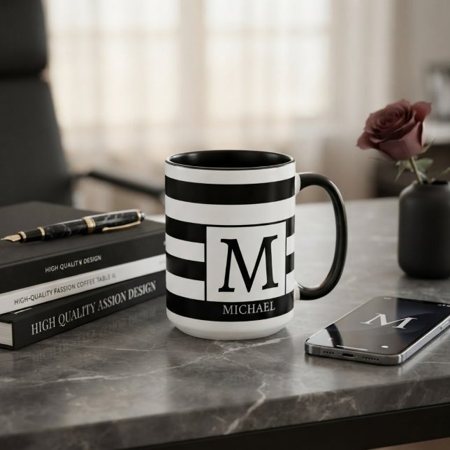 Taza Custom Monogram Initial Name Black  White Stripes (Subido por el creador)