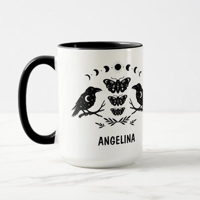 Taza Custom Mystical Celestial Moth & Crows Goth Witchy (Izquierda)
