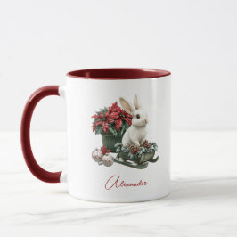 Taza Custom Name Christmas Bunny Rabbit Red Poinsettia