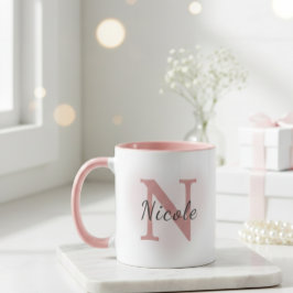 Taza Custom Name &Initial Elegant Dusty Rose Pink Mug  