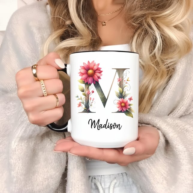 Taza Custom Wildflower Monogram Mug for Mom or Grandma (wildflower mug, floral monogram mug, personalized name mug, custom initial mug, pink wildflower mug,)