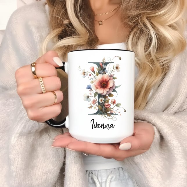 Taza Custom Wildflower Monogram Mug for Women (monogram mug, floral initial mug, personalized floral mug, wildflower monogram gift for mom & her,)