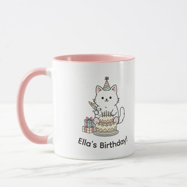 Taza "Customizable" Playful Cat Birthday Cake & Gifts (Izquierda)