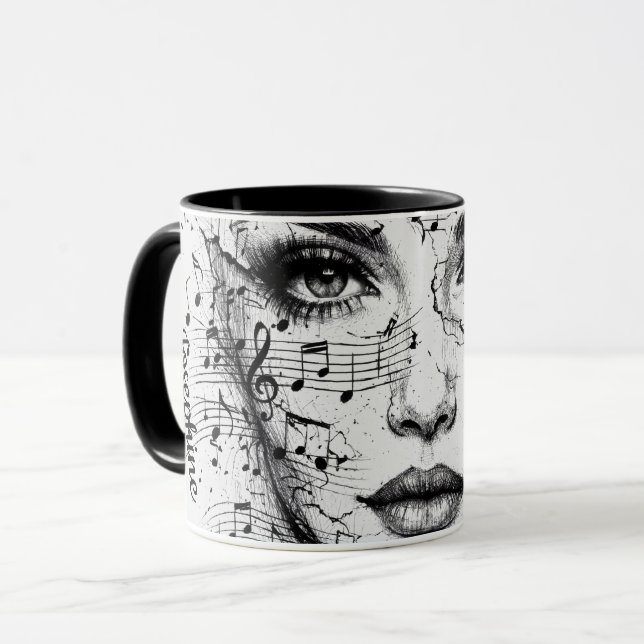 Taza Customized Music Sheet Face Art Black White Artist (Anverso izquierdo)