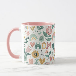 Taza Cute Aesthetic Folk Art Flowers & Hearts MOM