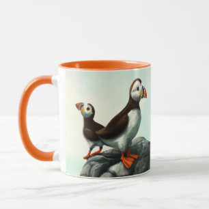 Taza Cute Atlantic Puffins Marítimas sobre las Rocas