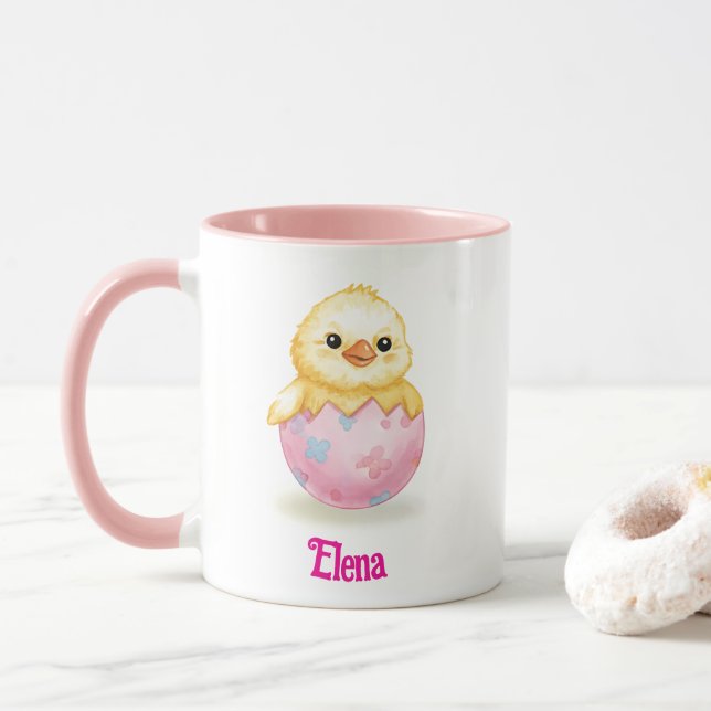 Taza Cute Baby Chick Watercolor Easter Personalize Name (Con donut)