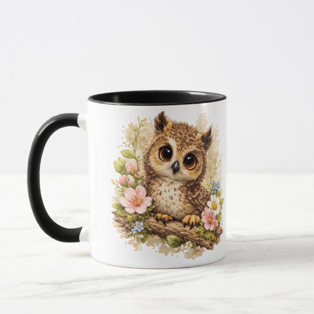Taza Cute Baby Owl with Wildflowers Watercolor  (Izquierda)