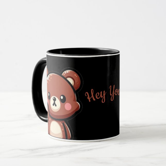 Taza Cute Bear Hey You Mug | Kawaii Black Coffee Cup (Anverso izquierdo)