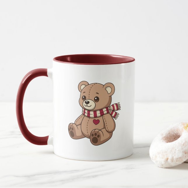 Taza Cute Beige Teddy Bear with Striped Scarf (Con donut)
