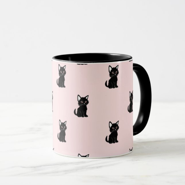 Taza Cute Black Cat Pattern on Pastel Pink (Anverso derecho)