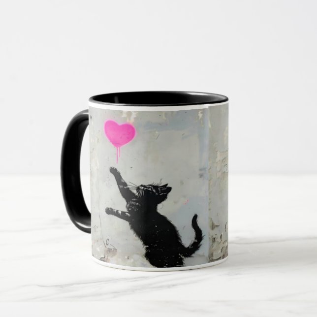 Taza Cute Black Cat Playing with A Pink Heart (Anverso izquierdo)