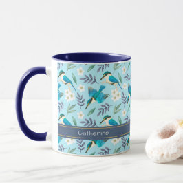 Taza Cute Blue Kingfisher Aves Nombre de patrón Floral