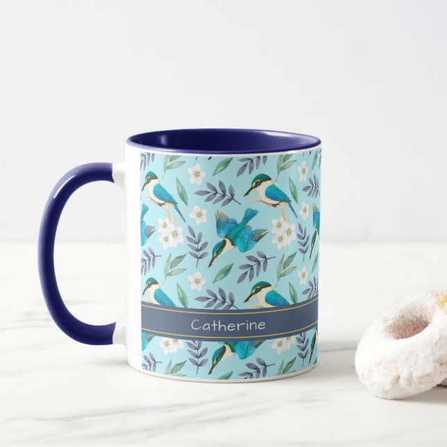 Taza Cute Blue Kingfisher Aves Nombre de patrón Floral (Con donut)