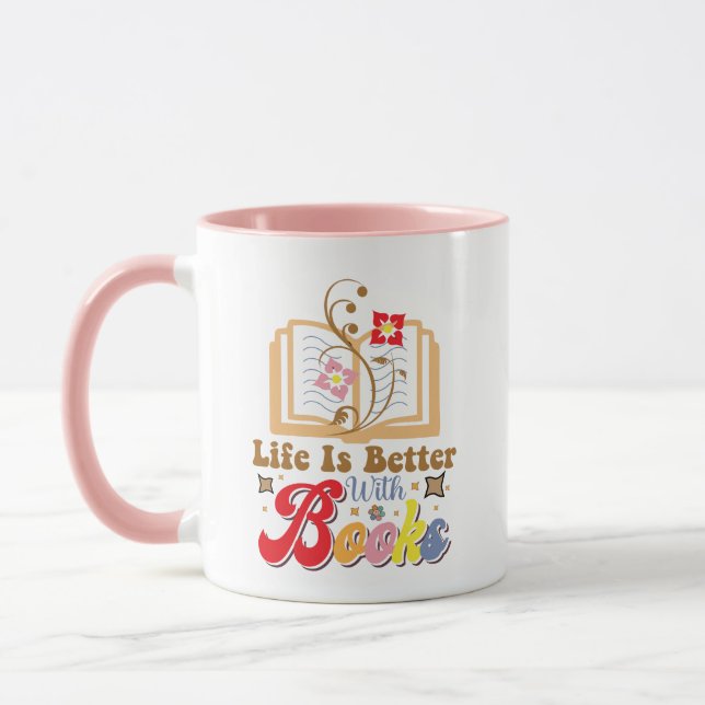 Taza Cute Book Lover "Life Is Better With Books" Quote (Izquierda)