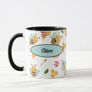 Taza Cute Bumblebee y patrón de miel con nombre