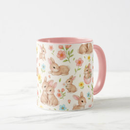 Taza Cute Bunnies and Flowers Pattern