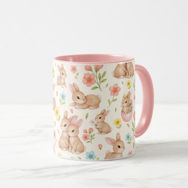 Taza Cute Bunnies and Flowers Pattern (Anverso derecho)
