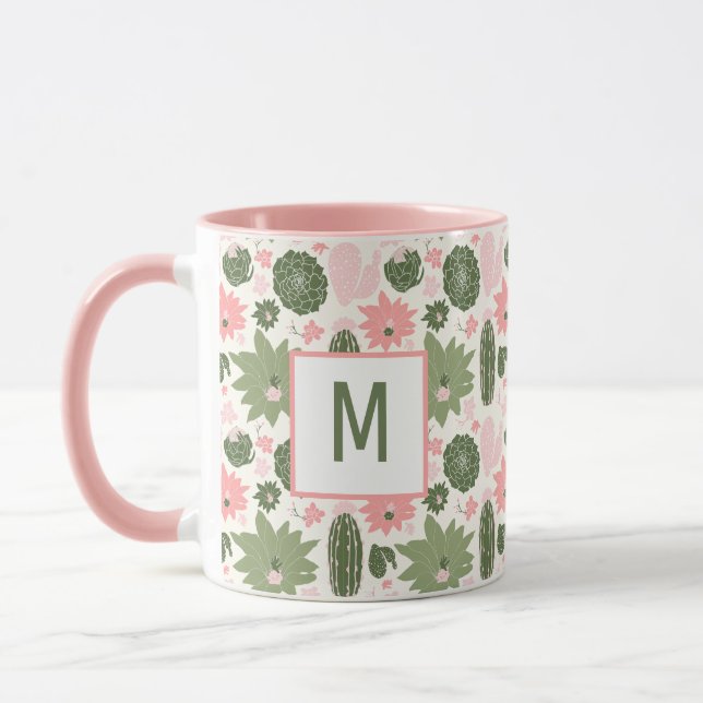 Taza Cute Cactus Sucultores Verde Rosa Con Monograma (Izquierda)
