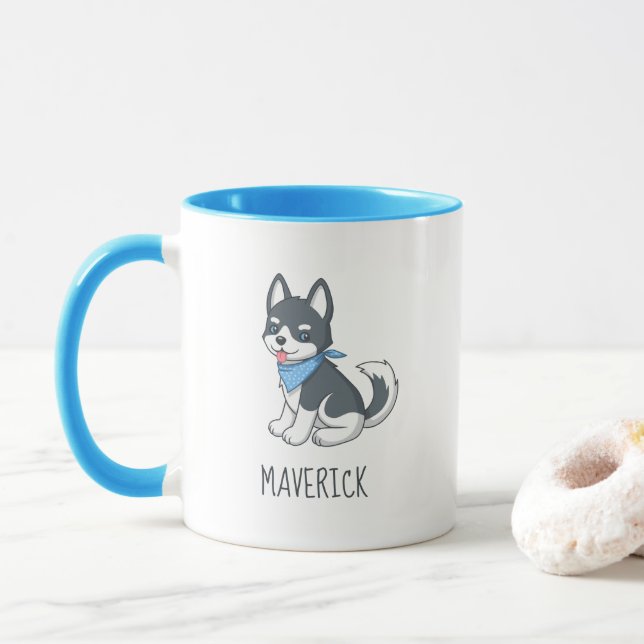 Taza Cute Cartoon Husky Puppy Dog Custom Name (Con donut)