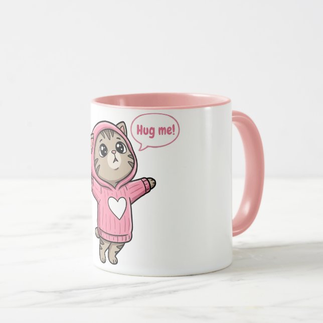 Taza Cute Cat Abrázame Sudadera Rosa Corazón  (Anverso derecho)