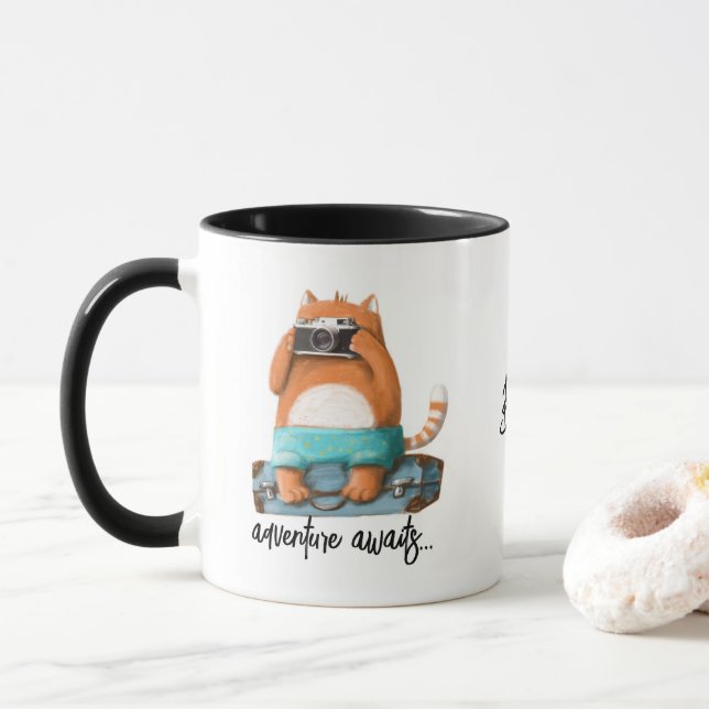 Taza Cute Cat Funny Adventure Travel Nombre Personaliza (Con donut)