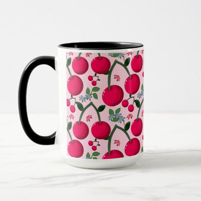 Taza Cute Cherry  Pattern, Glossy Kawaii Fruit (Izquierda)