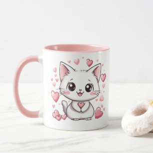 Taza Cute Chibi Cat con corazones rosados Adorable Kawa