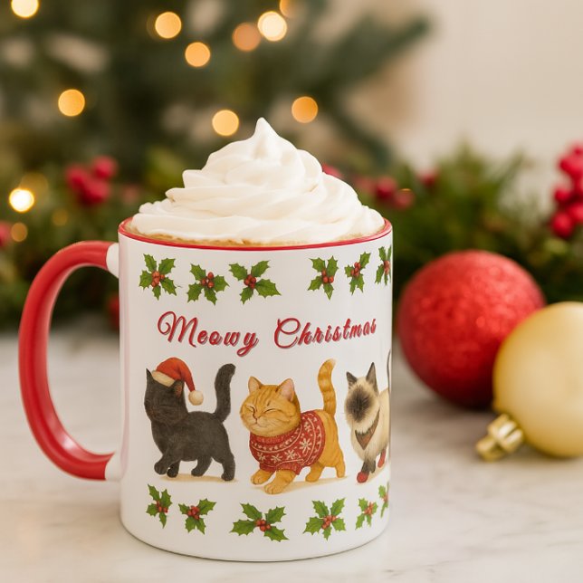 Taza Cute Christmas Cats Holiday  (Cozy Christmas cocoa: A delightful mug, ideal for cat enthusiasts.)