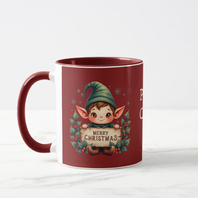Taza Cute Christmas Elf Holding Merry Sign Red (Izquierda)