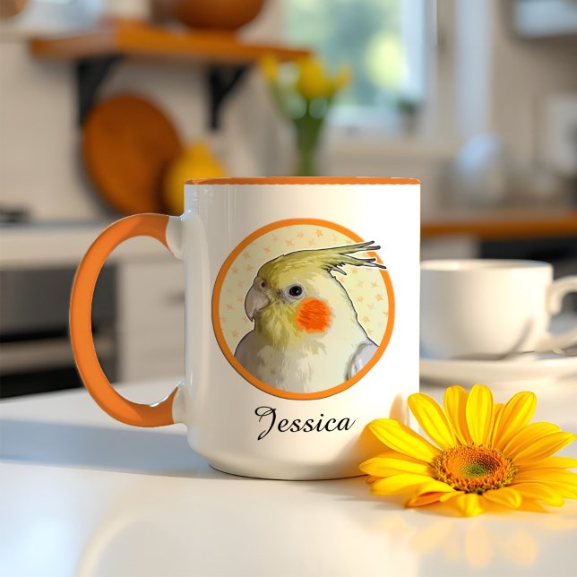 Taza Cute Cockatiel Mascota Bird Fun Retrato Moderno De (Personalized Cockatiel mug with a cheerful pet bird portrait, framed proudly inside a pop of orange.)