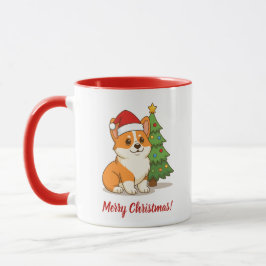 Taza Cute Corgi Dog in a Red Hat with Christmas Tree