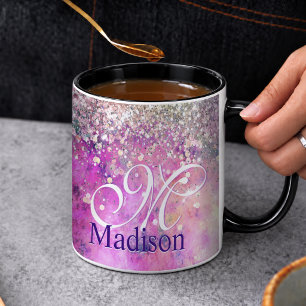 Taza Cute cuaderno monograma con brillo plateado iridis