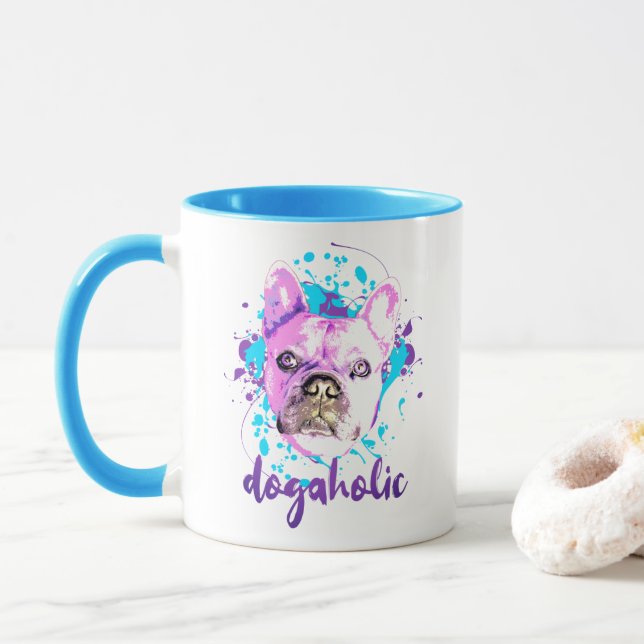 Taza Cute Dog Face Rosa Azul Dogaholic (Con donut)
