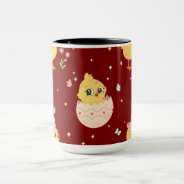 Taza Cute Easter Chick with Pink Bow Seamless Pattern 