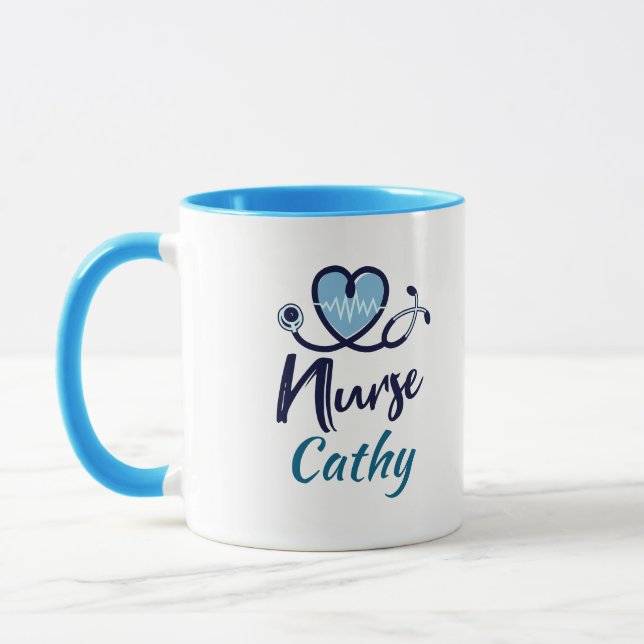 Taza Cute Enfermera Azul Corazón Personalizar (Izquierda)