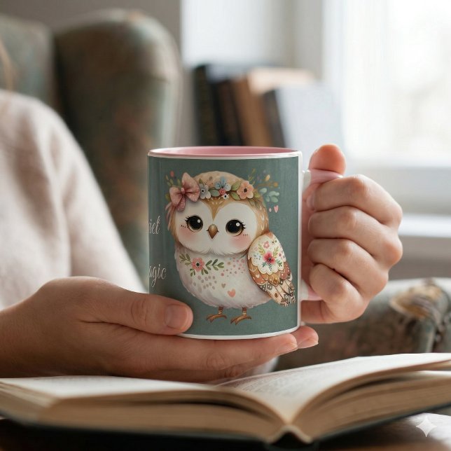 Taza Cute Floral Owl with Bow (Cute Floral Owl with Bow Mug In Use)