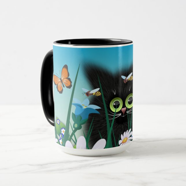 Taza Cute Fluffy Black Kitten y Daisies Art (Anverso izquierdo)