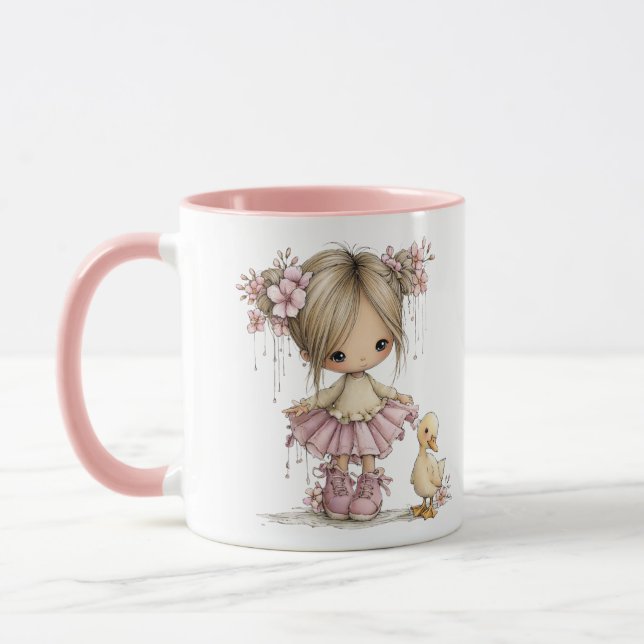 Taza Cute Girl and Duckling Whimsical Nursery Art (Izquierda)