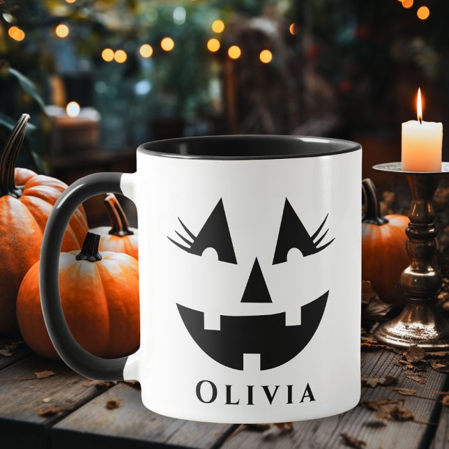 Taza Cute Girly Pumpkin Face Personalizado Halloween (Cute Girly Pumpkin Face Custom Halloween Mug - Just add your name!)