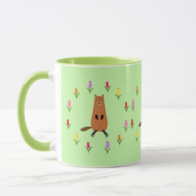 Taza Cute Groundhog y Tulip Flowers (Izquierda)