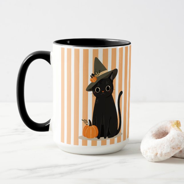 Taza Cute Halloween Black Cat with Witch Hat Pumpkin (Con donut)