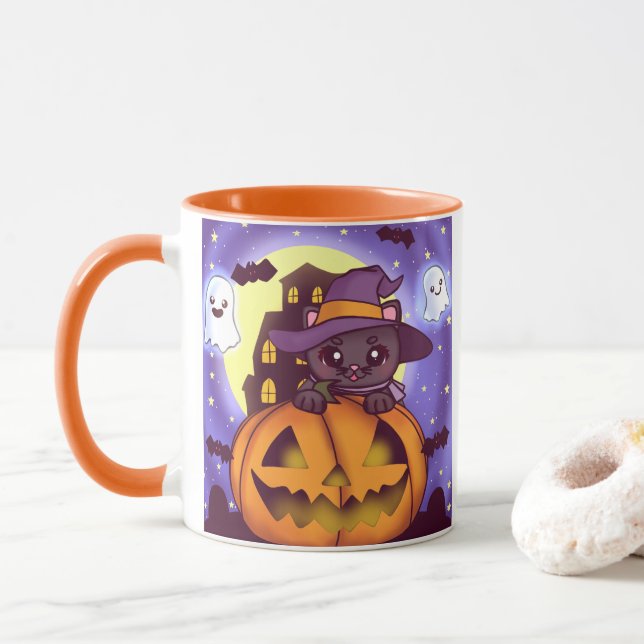 Taza Cute Halloween Octubre Witch Cat (Con donut)
