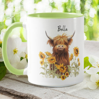 Taza Cute Highland Scottish Cow Sunflowers Floral