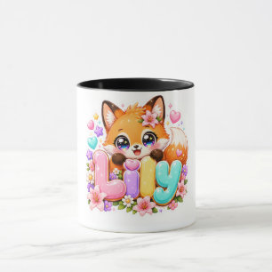 Taza Cute Kawaii Lily Fox Nombre Pastel Rosa Floral Bos