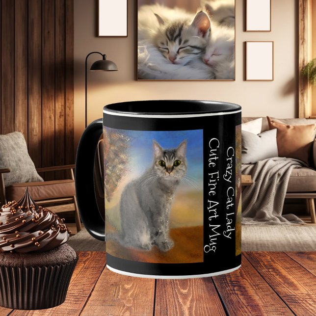 Taza Cute Kitty Bella Artes Mug (Cute mug featuring a painting of a grey kitty cat in a colorful landscape scene)