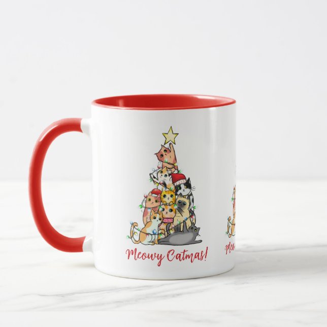 Taza Cute Meowy Catmas Cats Árbol de Navidad (Izquierda)